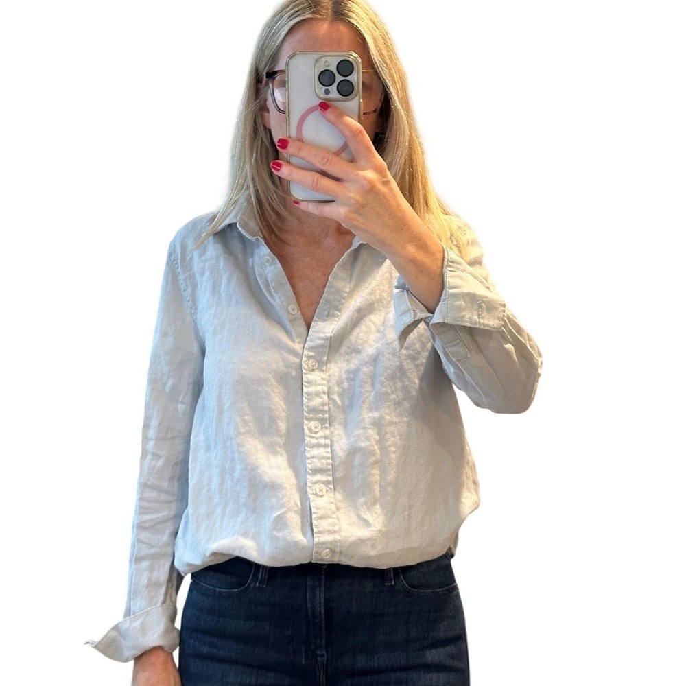 Quince 100% Linen Button Down Shirt grey Blue Long Sleeve Women's Size M